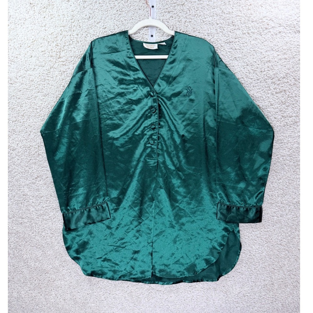 Womens M/L Victoria's Secret Sleep Shirt Green Satin Vintage Nightgown Y2K